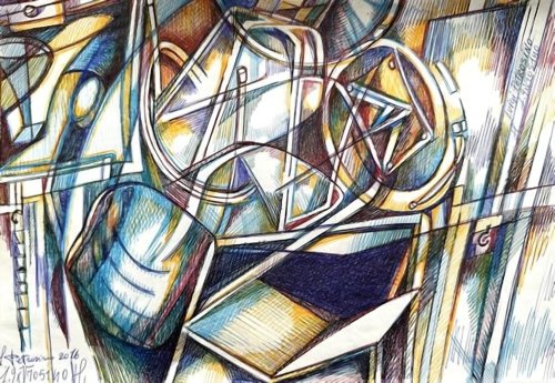 QUADRO SU CAVALLETTO TRA SEDIE E SGABELLI IN LIBERA COMPOSIZIONE