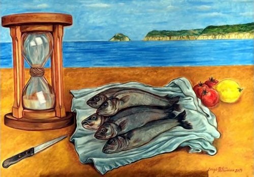 NATURA MORTA CON PESCI E PAESAGGIO