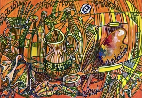 STUDIO DELL'ARTISTA CON NATURA MORTA IN SPAZIO CURVO